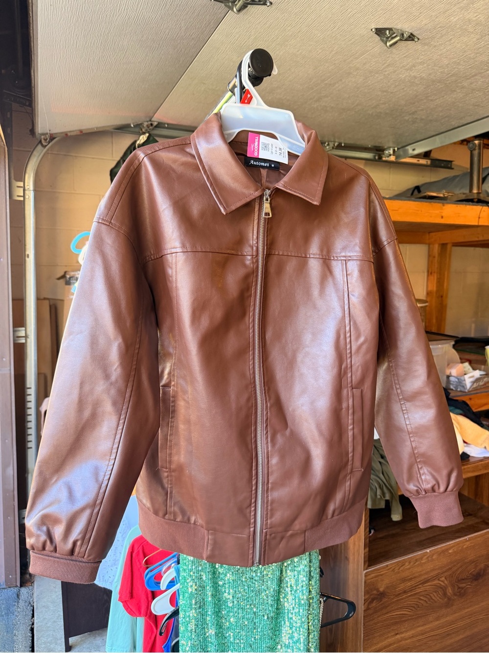 Men's Brown Leather Bomber Jacket with Zip Front